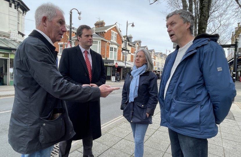 Kevin Foster MP in Torbay Road discussing the impact of the closure with Conservative Cllrs Chris and Barbara Lewis and local Newsagent John Fellows.