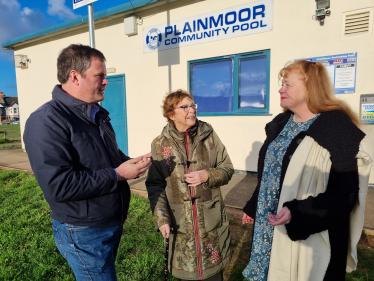 Kevin at Plainmoor pool with Sue and Anne who have fundraised and campaigned for this vital community asset.